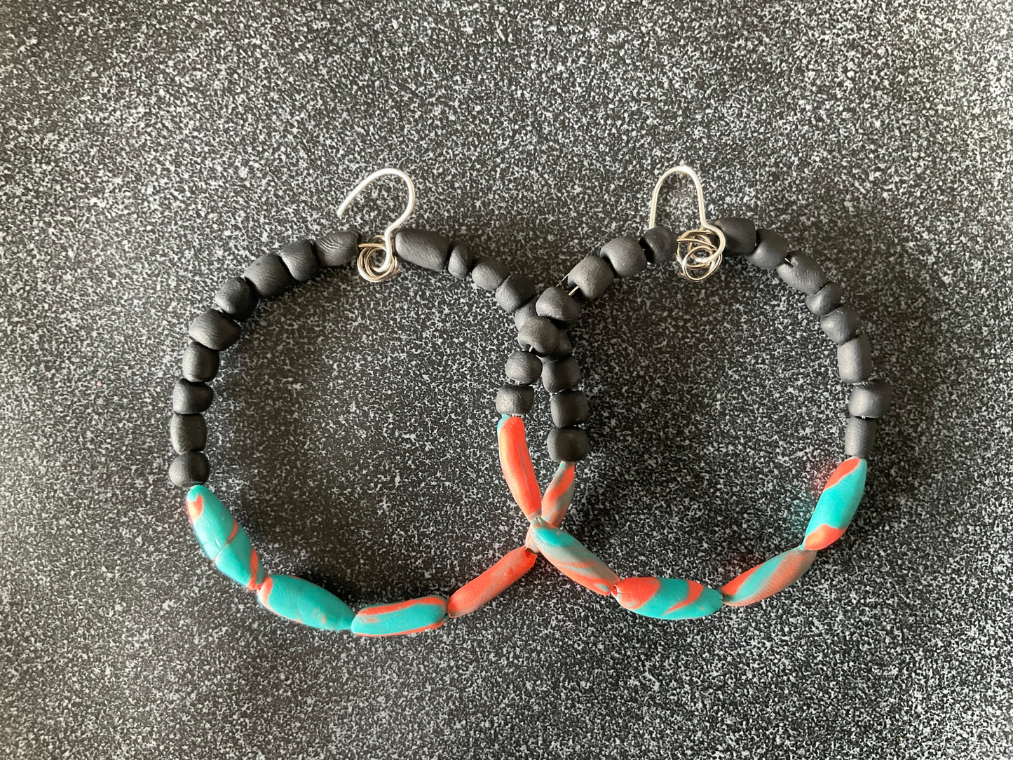 Hand rolled clay earrings - black + coral/torquoise