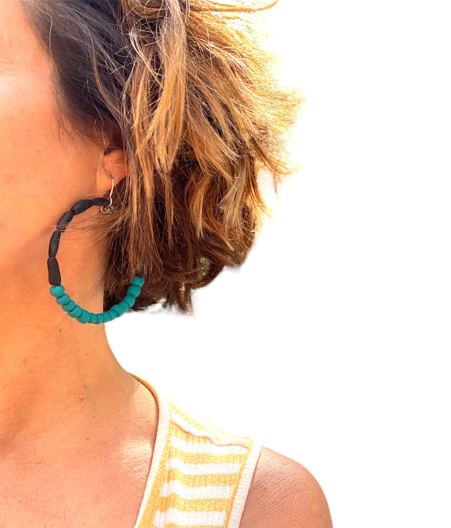 Hand rolled clay earrings - torquoise + black