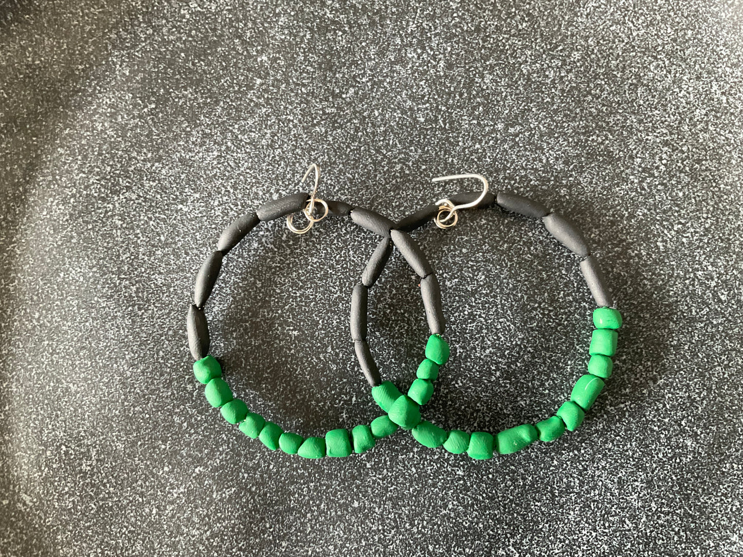 Hand rolled clay earrings -black + jade