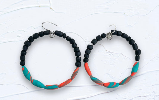 Hand rolled clay earrings - black + coral/torquoise