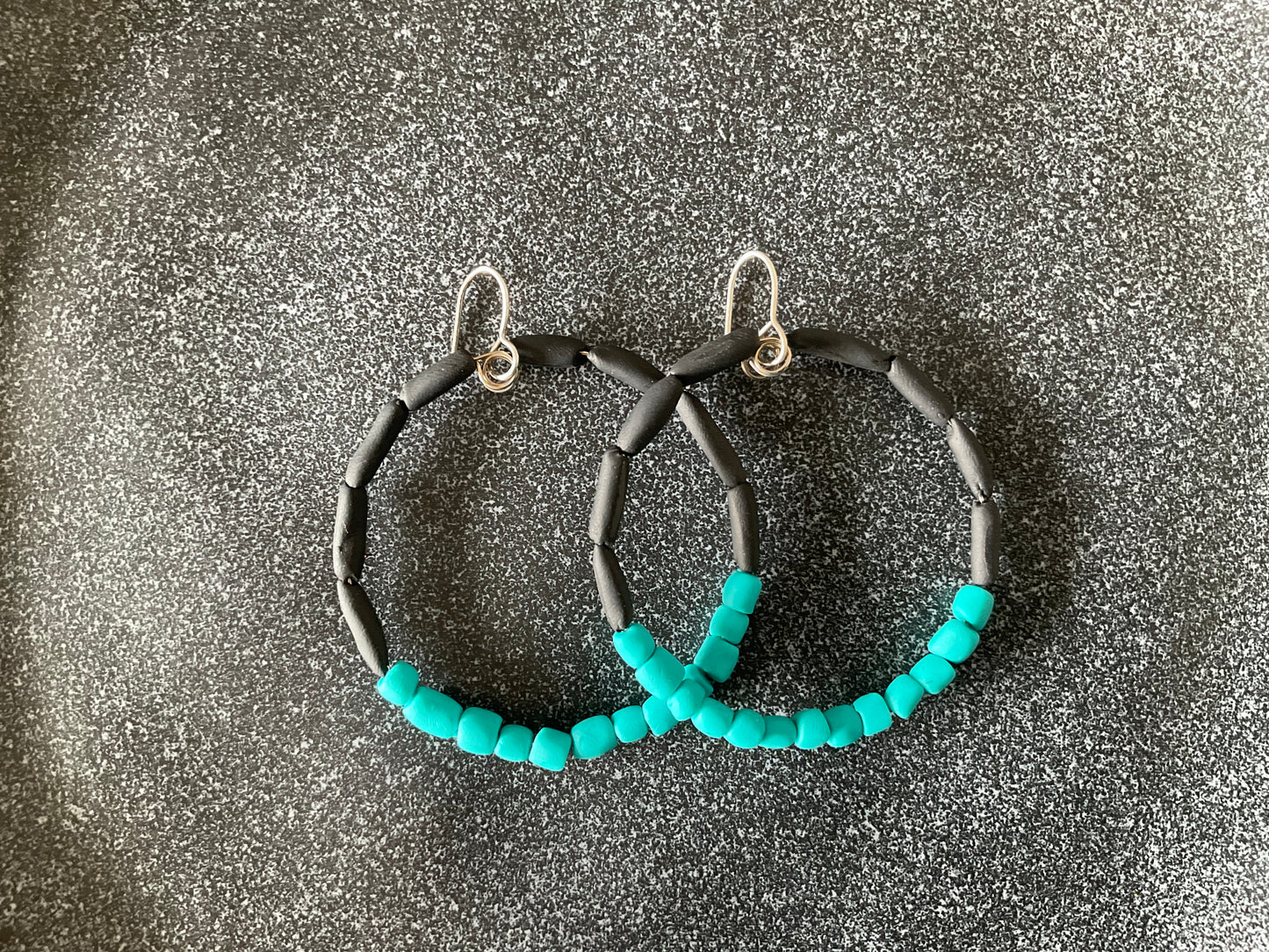 Hand rolled clay earrings - torquoise + black