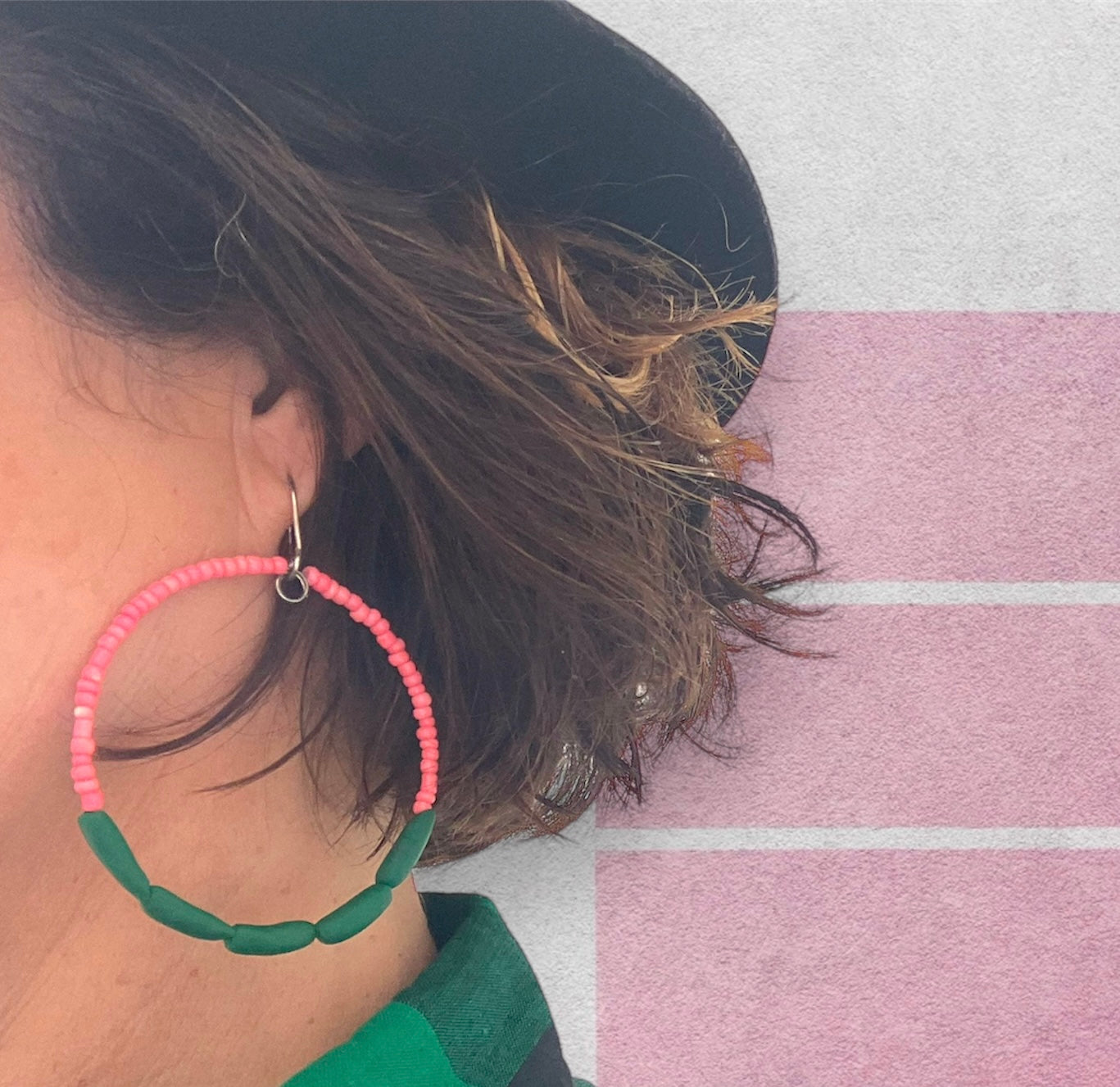 Hand rolled clay earrings - Pink + green