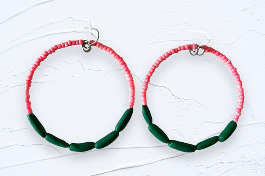 Hand rolled clay earrings - Pink + green